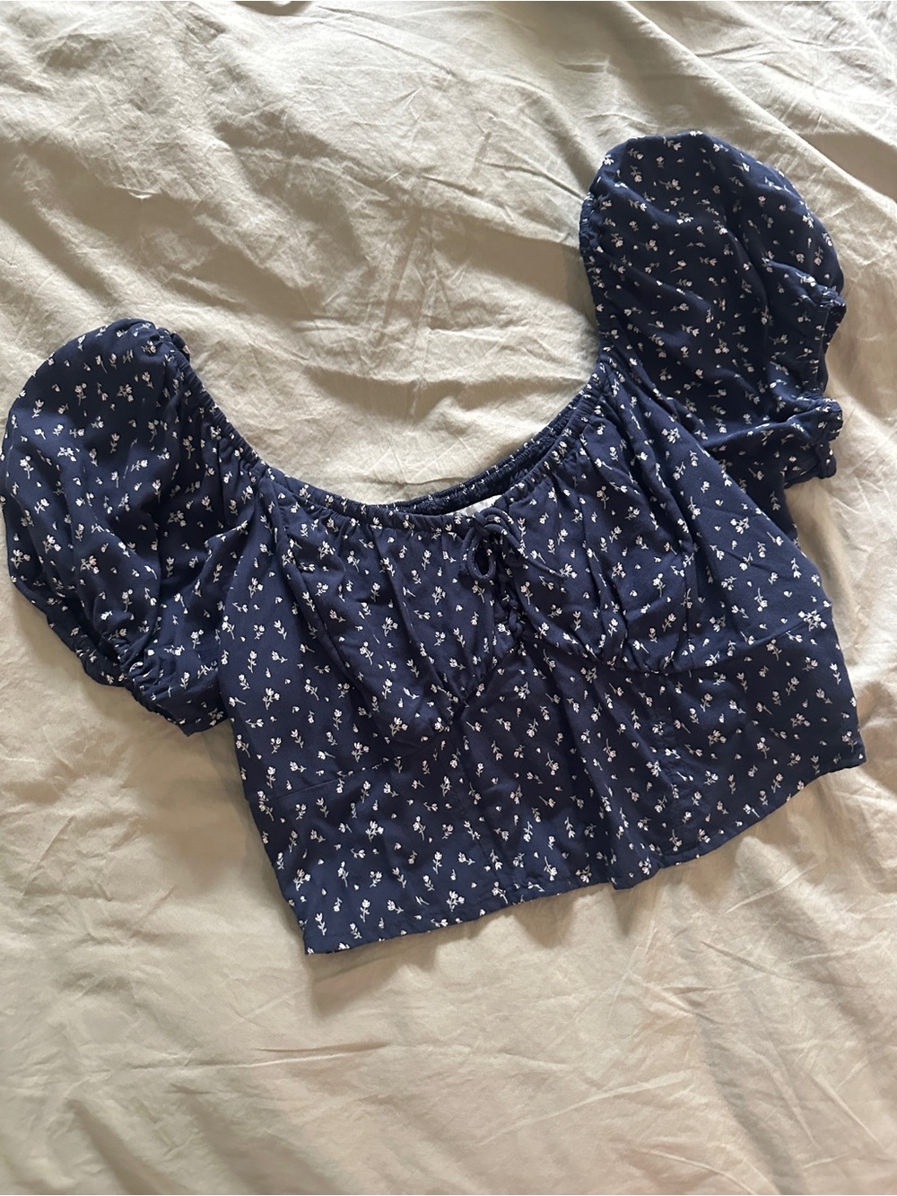 Hollister Puff Sleeve Navy Ditsy Floral Crop Top Faux Corset Sz Large